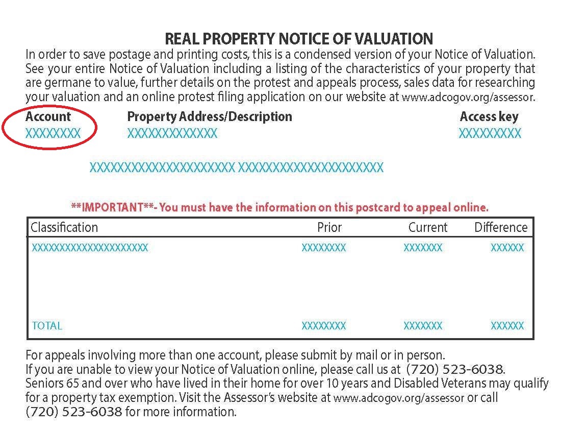 For help locating your account number on your Notice Of Valuation, hover over this image.